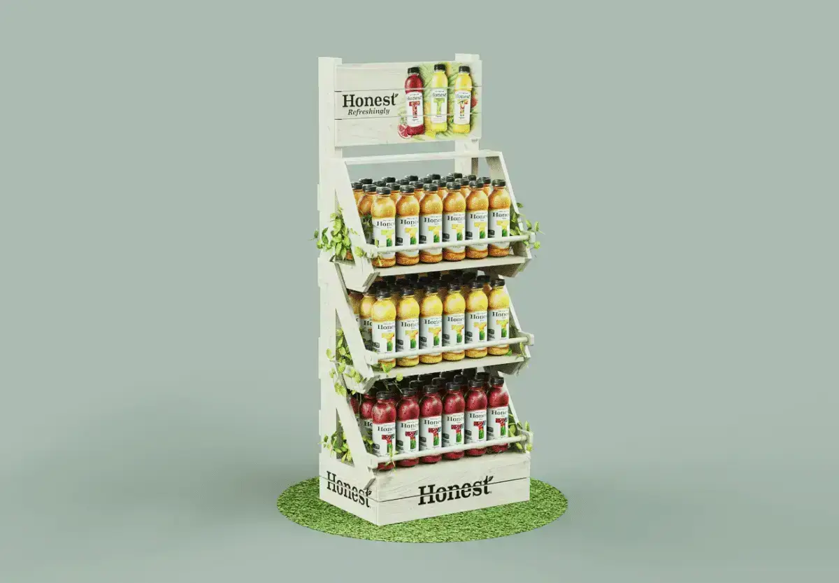 Expositor de suelo Honest con diferentes bebidas ordenadas en baldas