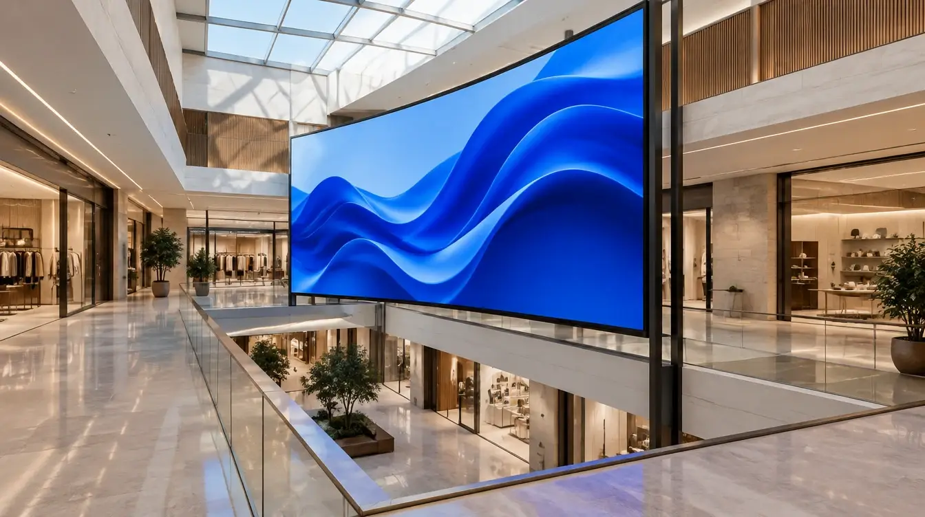 Visualización creada con IA de una pantalla de gran formato en el atrio de un centro comercial