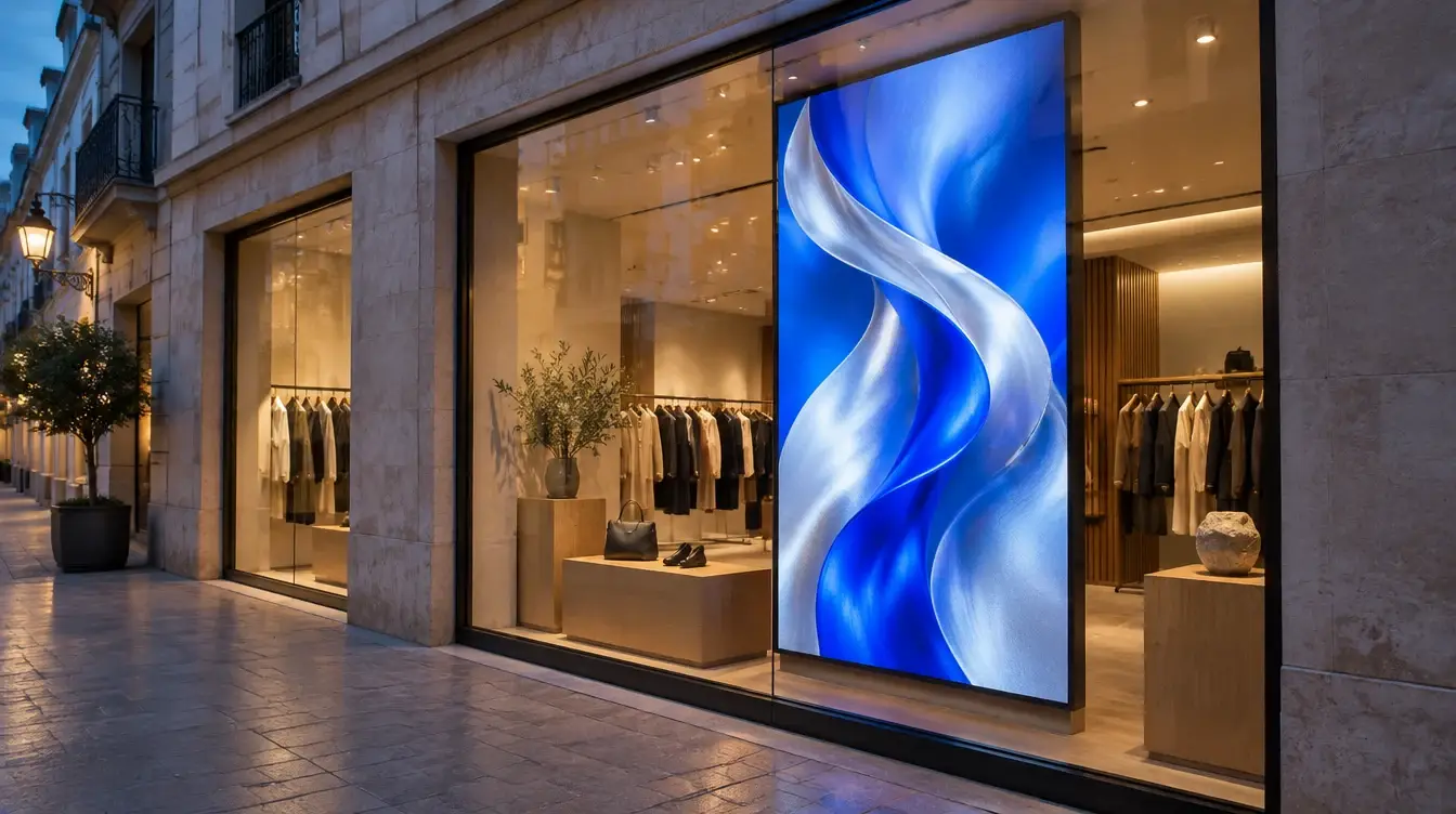 Visualización creada con IA de una pantalla vertical integrada en el escaparate de una tienda