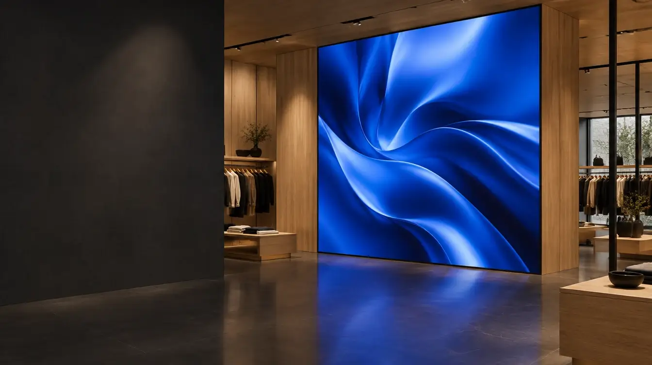 Visualización conceptual de una pantalla LED integrada en el mobiliario de una tienda